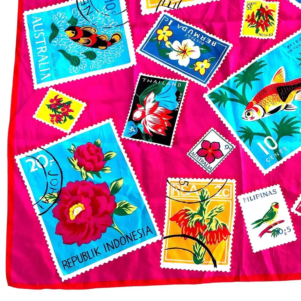 Vintage Adrienne Vittadini silk scarf square pink & colorful stamps travel theme